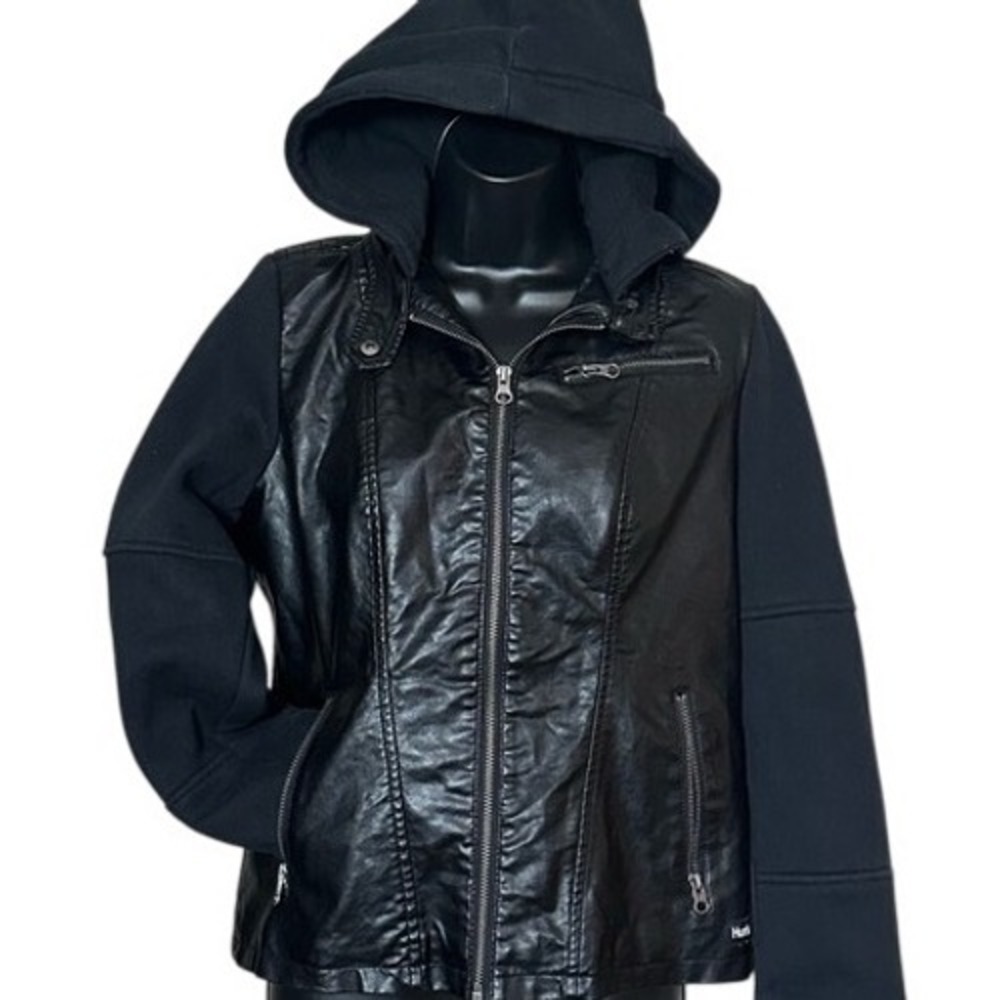 80's Vintage Hurley Black Faux‎ Leather Hooded Women's M Biker Moto